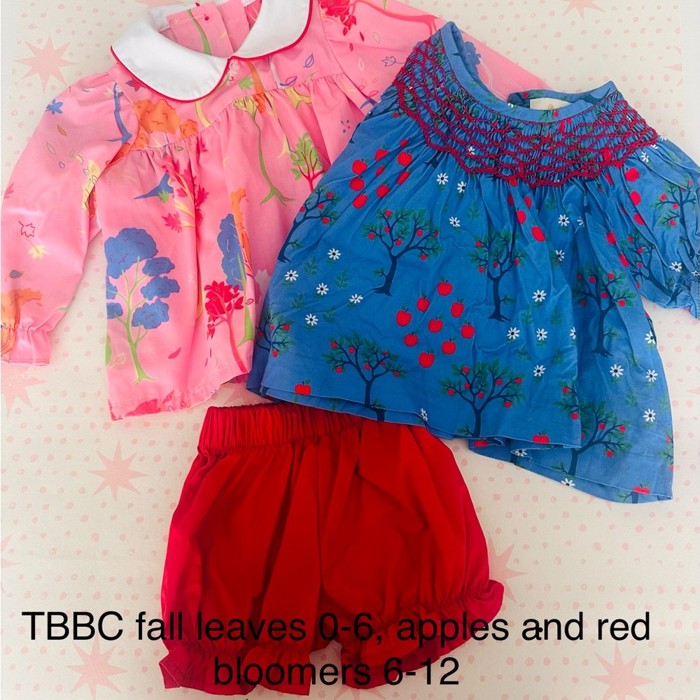 TBBC Girl Pink Floral Peter Pan Top, Blue Apple Print Blouse & Red Bloomers Set